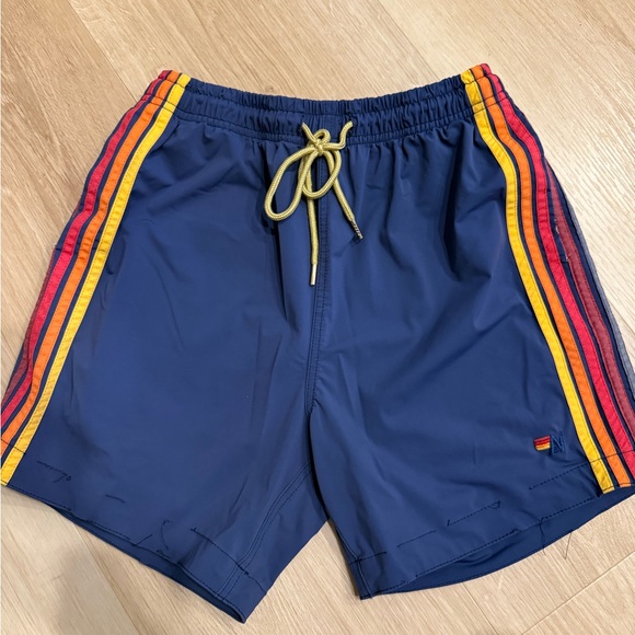 Navy Blue Swim Shorts with Rainbow Stripes - Picture 1 of 4